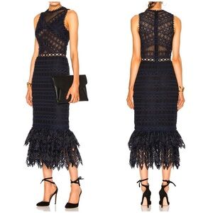 Jonathan Simkhai Lattice Embroidered Organza Trumpet Dress Lace Black Blue Sz 8